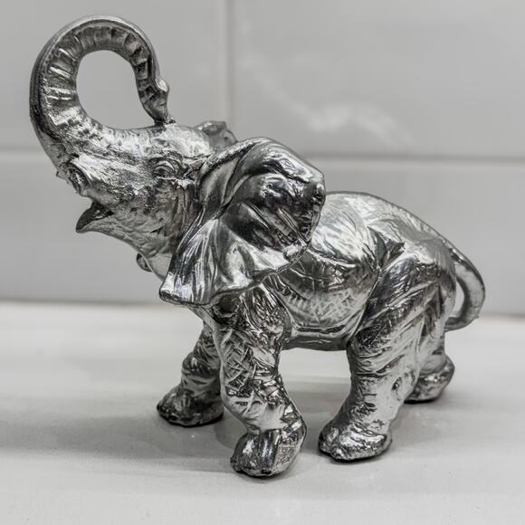 Good Luck Elephant Figurine, Trunk Upward, Silver- Painted Resin, 6.25” Tall - Picture 1 of 9